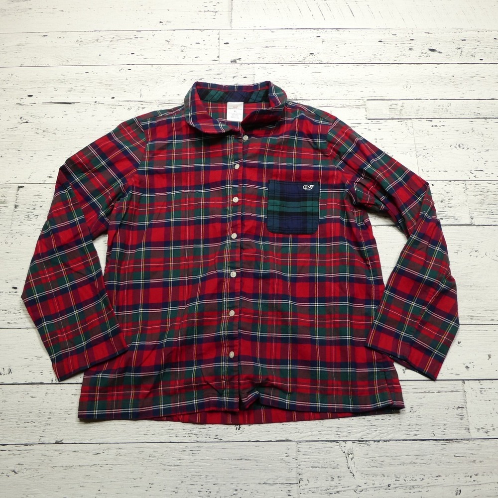 Vineyard Vines Shirt Womens XL Red Merry Plaid Whale Pocket Logo Pajama PJ Top